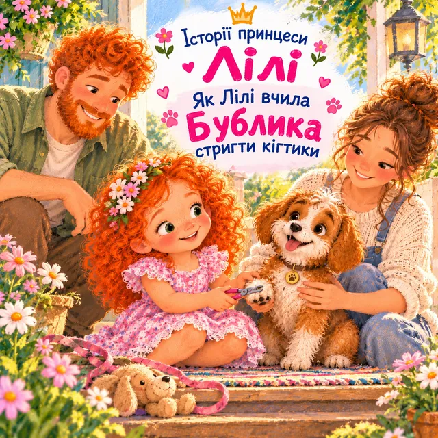 Обкладинка книжки «Історії принцеси Лілі. Як Лілі вчила Бублика стригти кігтики»: Лілі, мама, тато й песик Бублик на ґанку